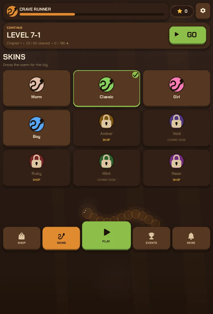 Crave home screen with skins