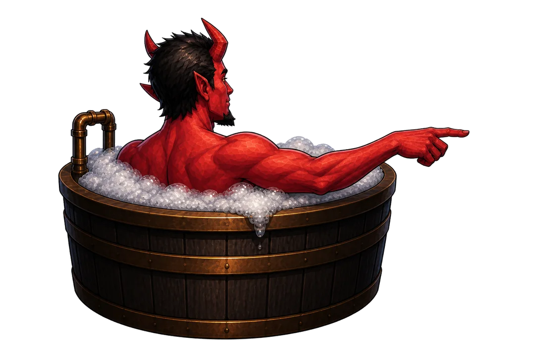 Malice relaxing in a wooden bathtub, pointing off to the side