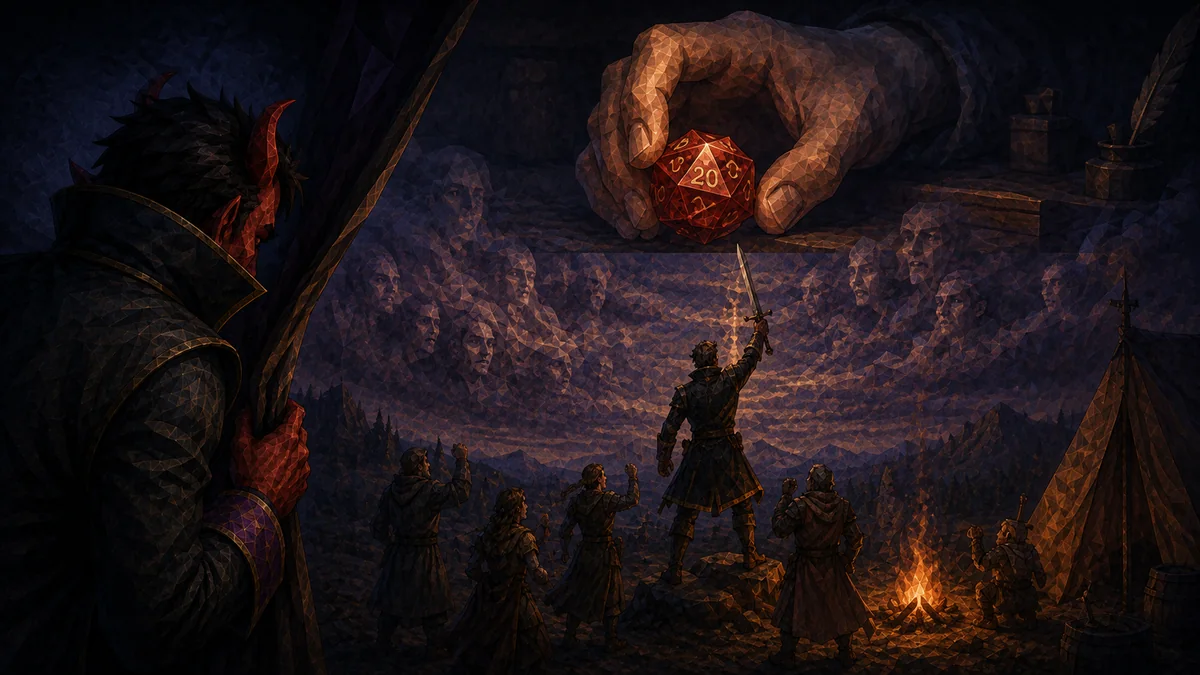 A giant die hanging in the sky over the adventurers