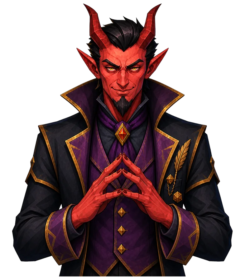 Malice, a red horned demon in a purple and gold coat, steepling his fingers