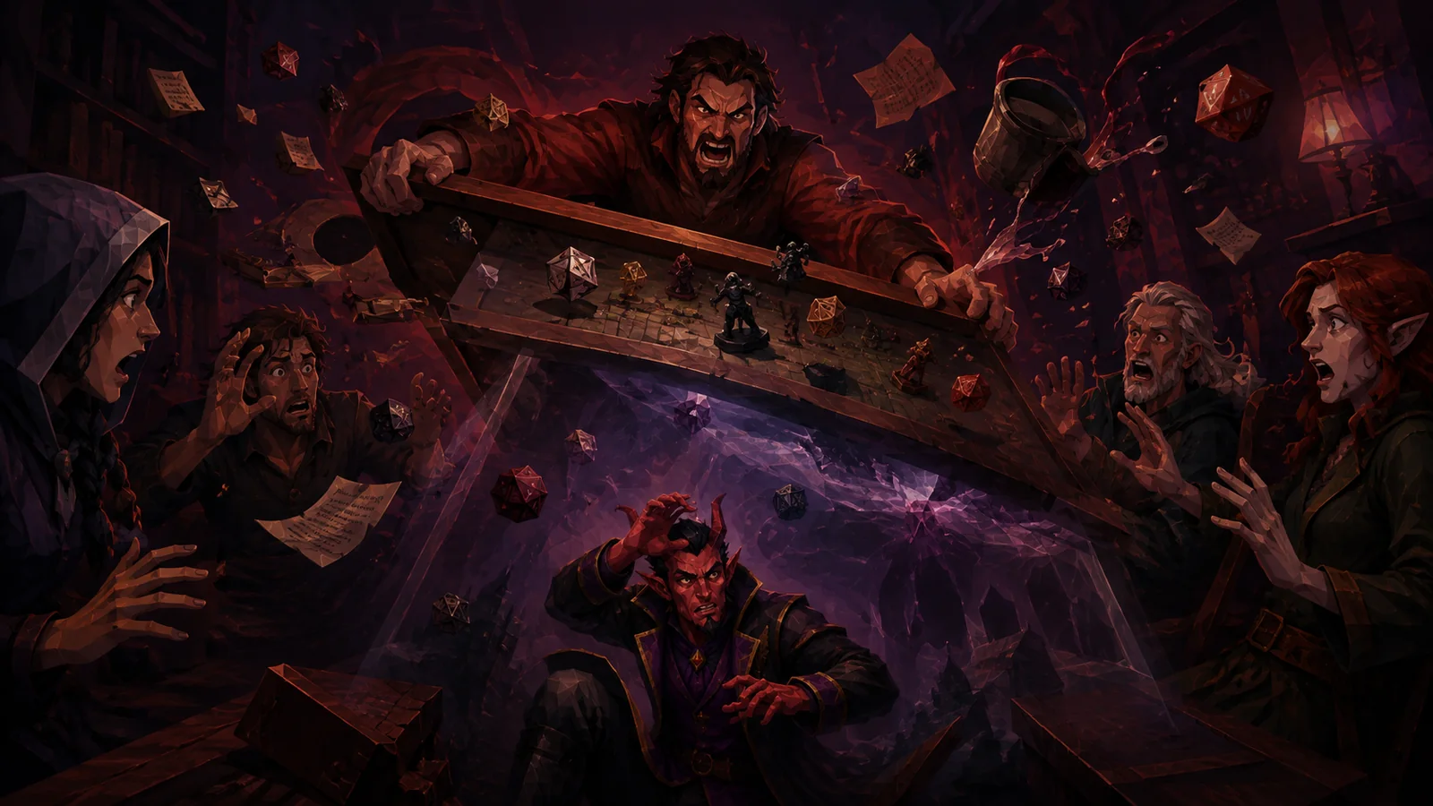 A furious DM flips the table while Malice falls through