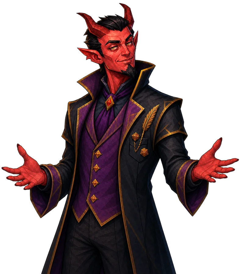 Malice, the demon Dungeon Master of Everyone Expire, arms open in welcome